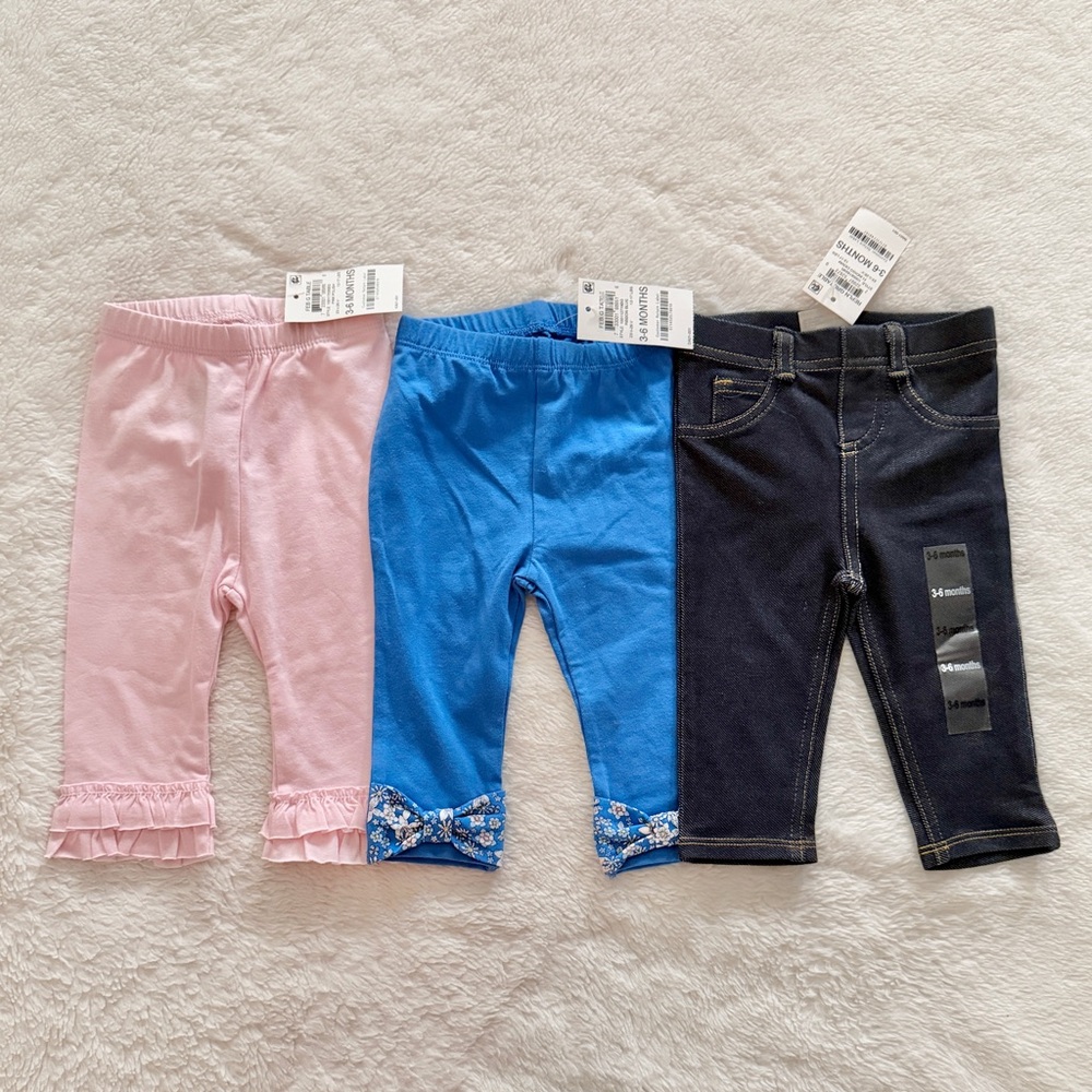 First Impressions Baby Pants Leggings Set of 3 Size 3-6 Months Pink Blue Denim